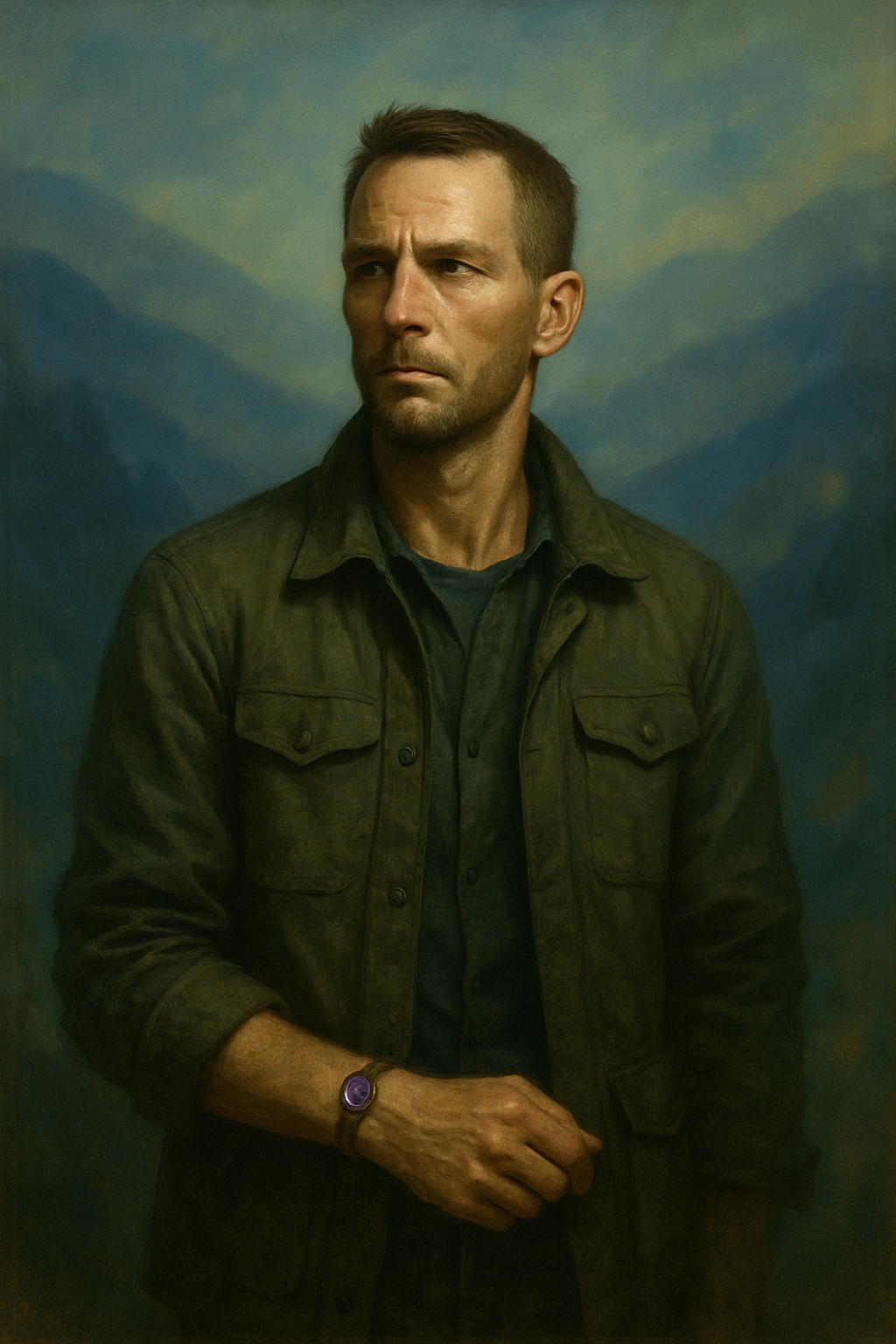 Judah Sands standing before a cairn in the mist